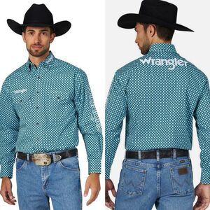 Wrangler Rodeo Shirt Men's Size Medium Blue White Geo Embroidered Western Cowboy